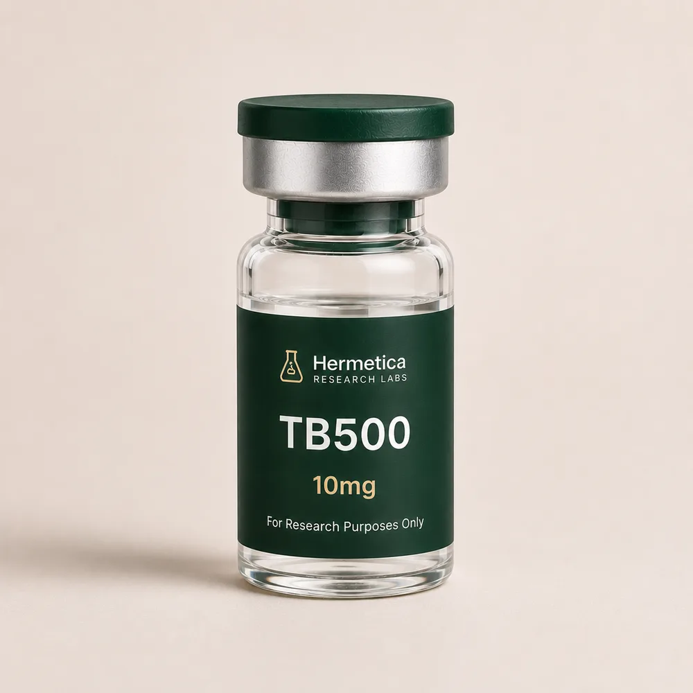TB-500 10mg lyophilized research peptide vial, SKU HRL-500, lot COA published, Research Use Only — Hermetica Research Labs