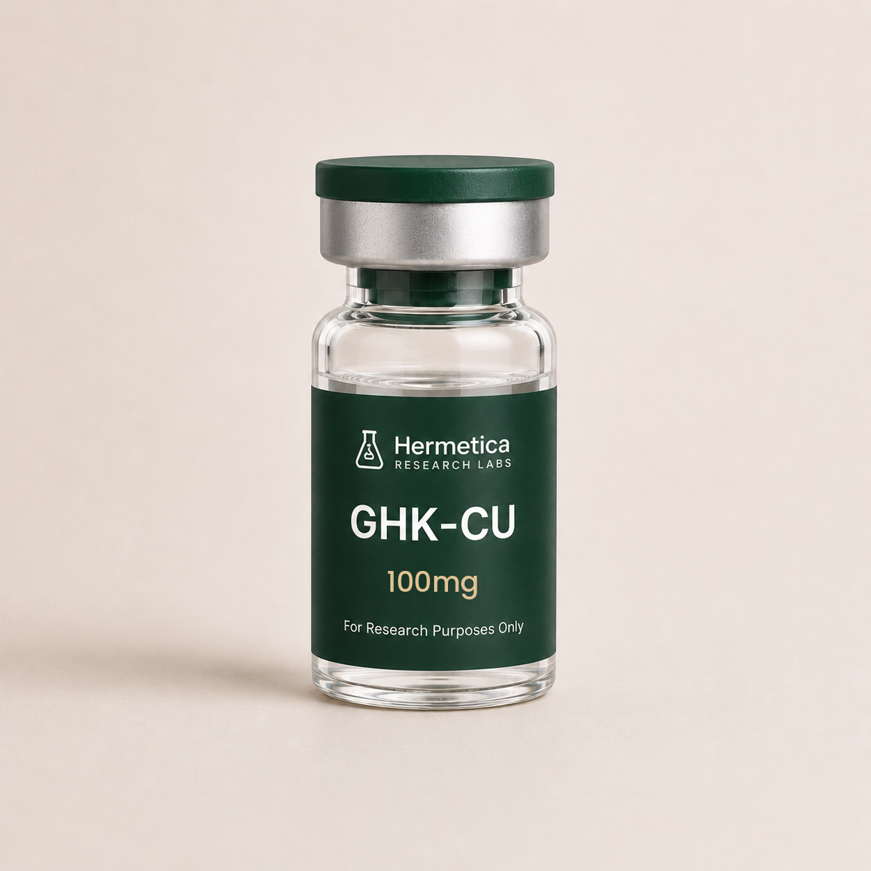 GHK-Cu 100mg research peptide vial — third-party tested, Hermetica Research Labs