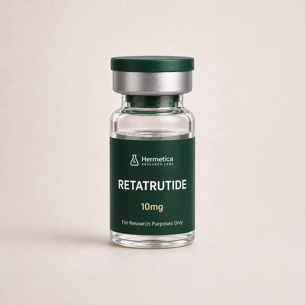 Retatrutide 10mg lyophilized research peptide vial, SKU HRL-RETA10, lot COA published, Research Use Only — Hermetica Research Labs