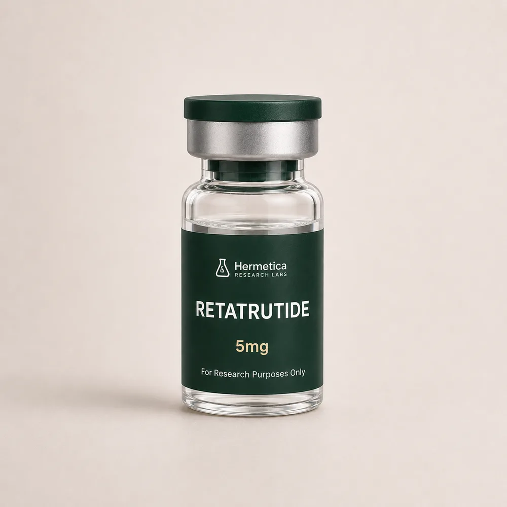 Retatrutide 5mg lyophilized research peptide vial, SKU HRL-RETA5, lot COA published, Research Use Only — Hermetica Research Labs