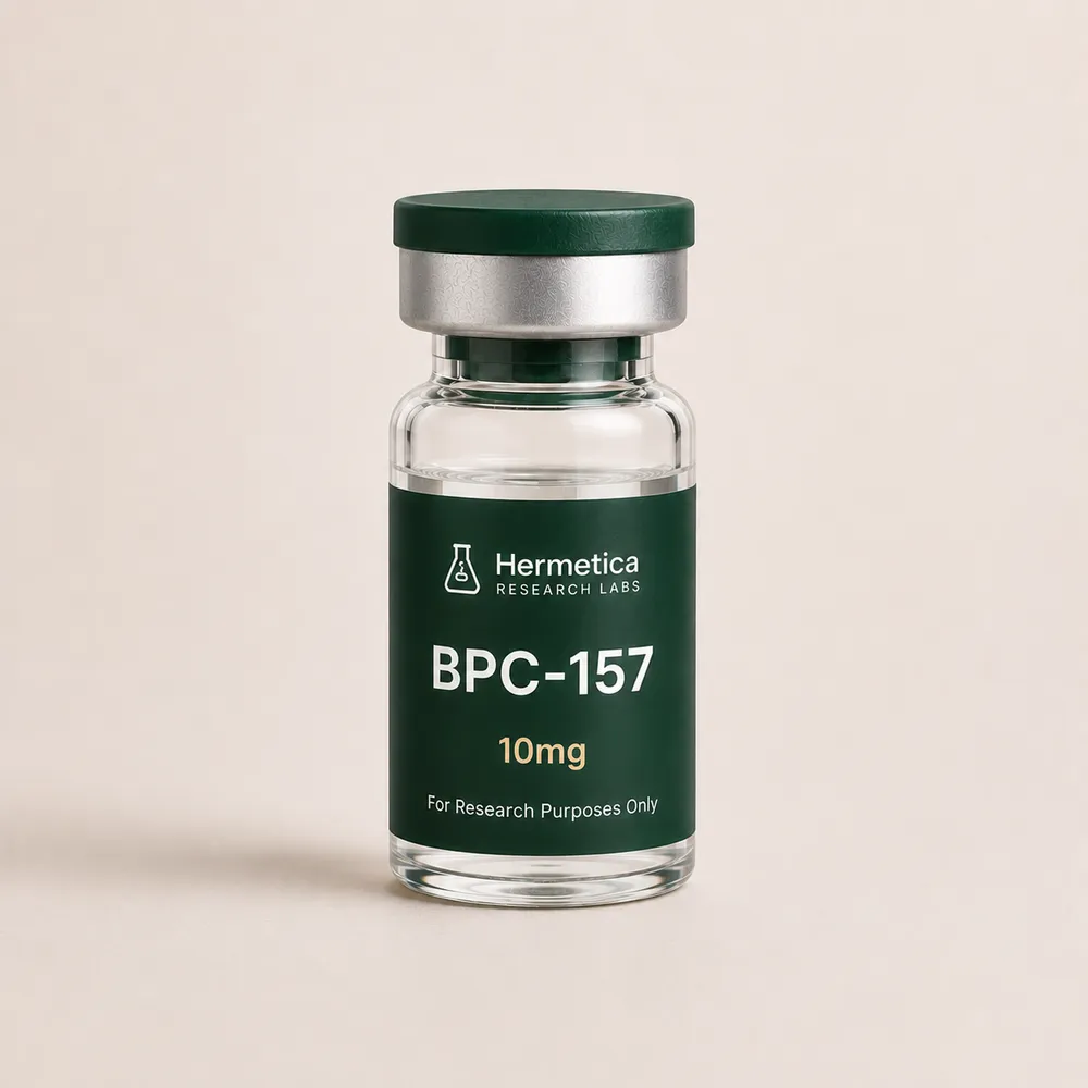BPC-157 10mg lyophilized research peptide vial, SKU HRL-157, lot COA published, Research Use Only — Hermetica Research Labs